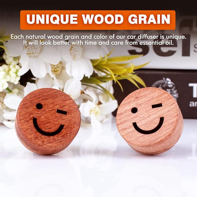 Essential Oil Car Diffuser, 2 PCS Smile Car Aromatherapy Wink Wood Diffuser with Vent Clip