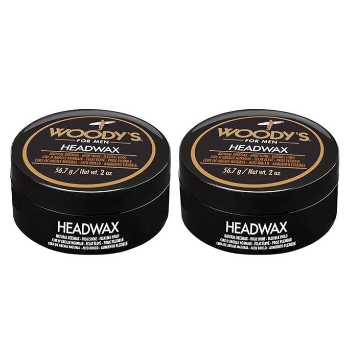 Woody's Headwax Styling Pomade for Men, Flexible Hold, High Shine, with Natural Beeswax, Non-stiff, Non-Sticky, Moldable, For all Hair Types, Travel-size, 2 oz./ 2-Pack