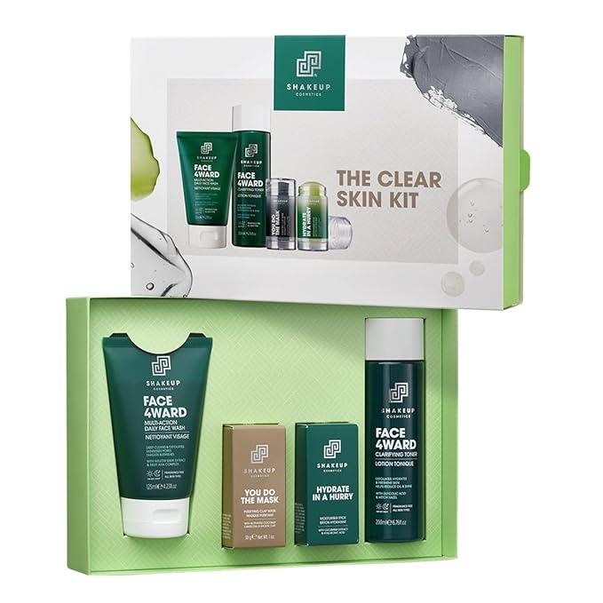 Shakeup - 4-Piece Clear Skin Kit, Mens Skincare Gift Set, Targets Blemishes, Daily Face Wash, Clarifying Toner, Purifying Mask & Moisturiser Stick