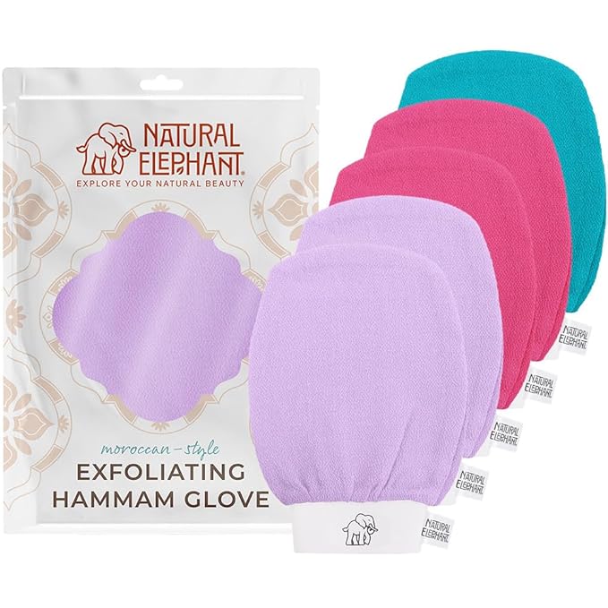 Natural Elephant Exfoliating Hammam Glove - Face and Body Exfoliator Mitt 5 and 10 Packs (2 Lilac, 2 Pink, 1 Teal (Pack of 5))