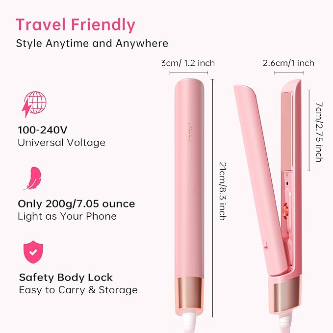 Mini Flat Iron 1 Inch Ceramic Mini Hair Straightener, Small Flat Irons for Short Hair, Curls Bangs, Dual Voltage for Travel,Dual Voltage for Worldwide Use