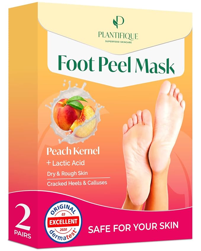 PLANTIFIQUE Foot Peeling Mask 2 Pack | Dermatologically Tested Repairs Heels & Removes Dry Dead Skin for Baby Soft Feet | Exfoliating Foot Peel Mask for Dry Cracked Feet | Peach