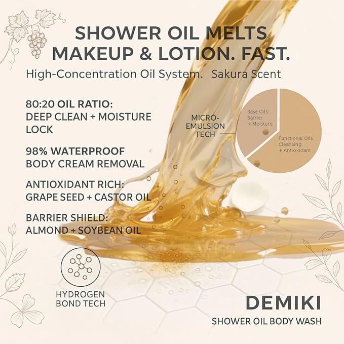 Moisturizing Bath Oil for Dry & Sensitive Skin. Nourishing & Hydrating Winter Care Shower Oil, Soothes & Softens, Locks in Moisture,Sakura Scent, 10 Fl.oz (300ml)
