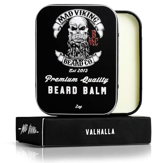 Mad Viking Valhalla Beard Balm – Non-Greasy Balm to Soften and Style with a Medium Hold - Made with Shea Butter, Beeswax & Premium Oils - Smooth Sandalwood & Vanilla Scent, Made in the USA - 2oz