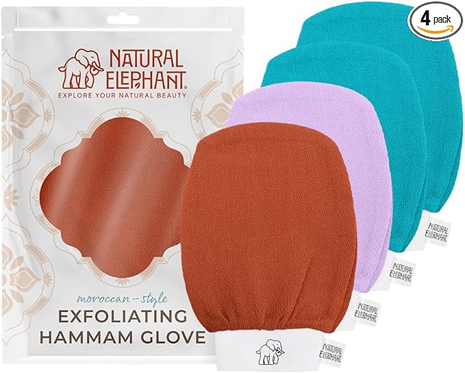 Natural Elephant Exfoliating Kessa Glove - Face and Body Exfoliator Hammam Mitt (2 Teal, Orange and Lilac (Pack of 4))