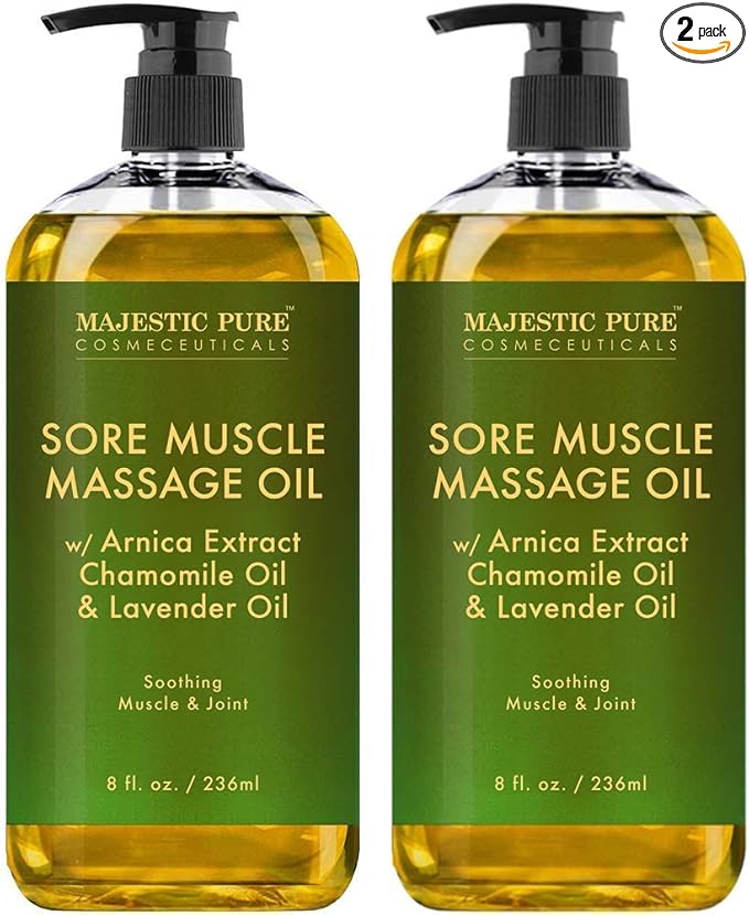MAJESTIC PURE Arnica Sore Muscle Massage Oil for Massage Therapy - Refreshing, and Relaxing - Natural Oils with Lavender & Chamomile Essential Oils - All Skin Types - Men & Women - 8 fl oz (Pack of 2)