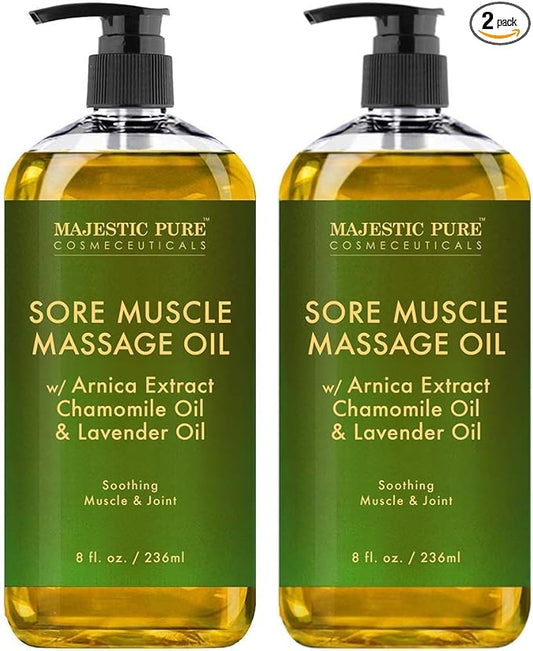 MAJESTIC PURE Arnica Sore Muscle Massage Oil for Massage Therapy - Refreshing, and Relaxing - Natural Oils with Lavender & Chamomile Essential Oils - All Skin Types - Men & Women - 8 fl oz (Pack of 2)