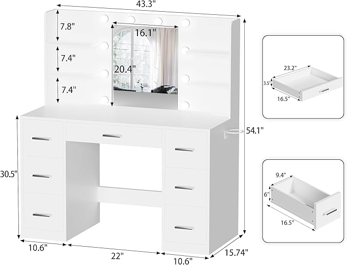 YESHOMY Vanity Desk with Mirror, Power Outlet and 10 Lights, Makeup Table with 7 Drawers, 3 Color Modes Available for Bedroom, Pure White