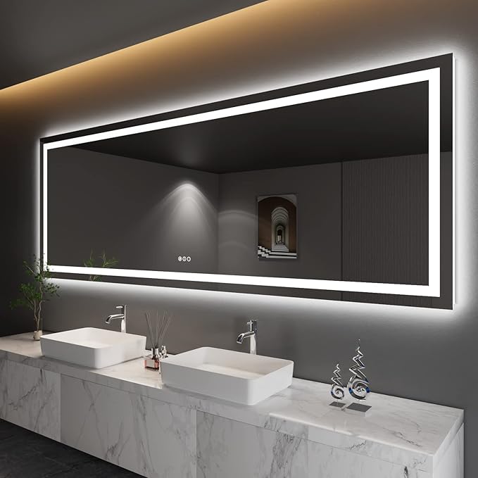 Amorho LED Bathroom Mirror 110" X40" with Front and Backlit, Stepless Dimmable Wall Mirrors with Anti-Fog, Shatter-Proof, Memory, 3 Colors, Double LED Vanity Mirror Large