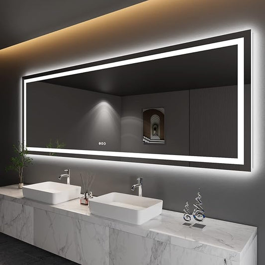 Amorho LED Bathroom Mirror 110" X40" with Front and Backlit, Stepless Dimmable Wall Mirrors with Anti-Fog, Shatter-Proof, Memory, 3 Colors, Double LED Vanity Mirror Large