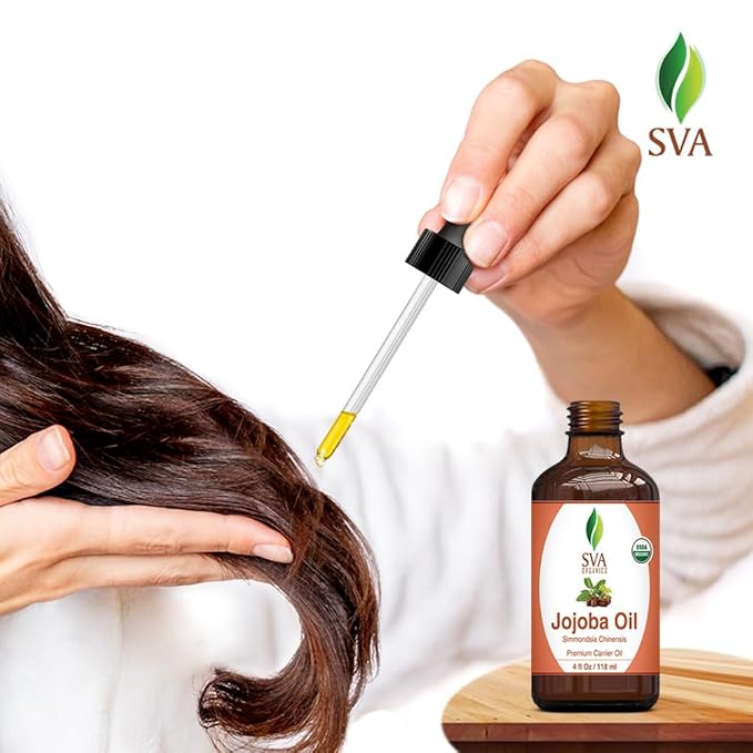 SVA Jojoba Seed Oil Organic - 4 Fl Oz – 100% Natural Cold Pressed Organic Jojoba Oil - for Face, Skin Care, Hair Care, Scalp Massage & Body Massage – Carrier Oil with Dropper