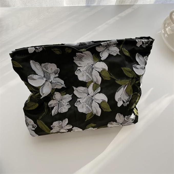 PAZIMIIK Makeup Bag Large Cotton Zipper Pouch for Purse Travel Canvas Make Up Organizer for Women Cosmetic,Brocade Floral Black