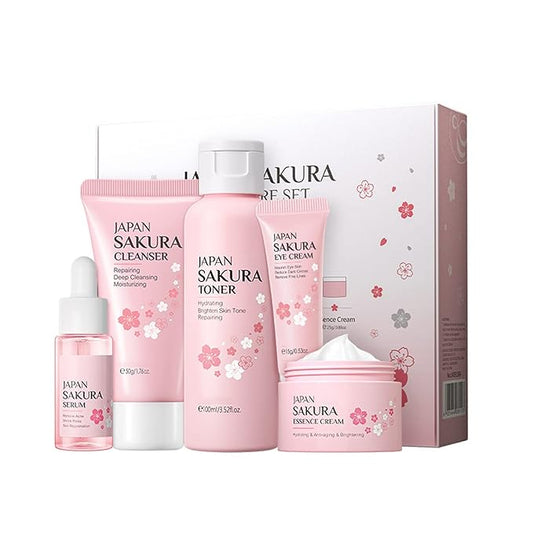 Skin Care Set - Women Gift Sets - Sakura Skin Care Sets & Kits - Gift Set with Cleanser,Toner,Serum,Eye Cream,essence Serum - Beauty Products For Women (SetC)