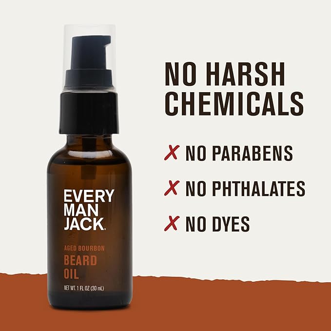 Every Man Jack Mens Beard Oil - Aged Bourbon Fragrance - Deeply Moisturizes and Softens Your Beard and Adds a Natural Shine - Naturally Derived with Shea Butter and Argan Oil - 1 fl oz
