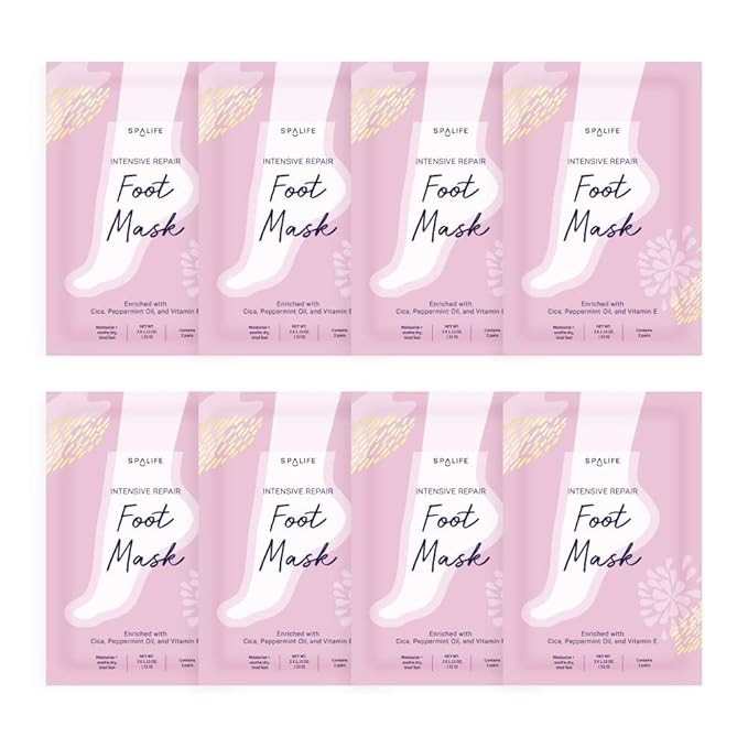 SpaLife Intensive Repair Soothing Foot Masks Enriched with Cica, Peppermint Oil, and Vitamin E (8 PACK)