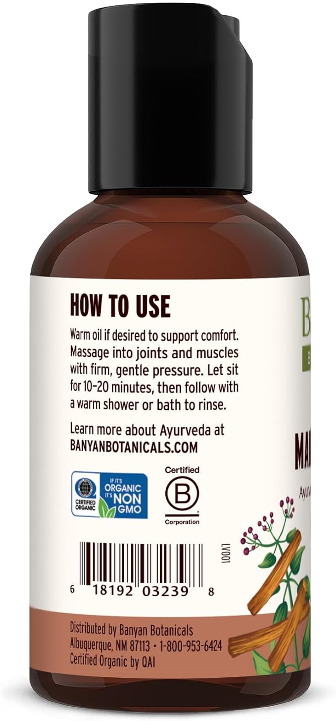Banyan Botanicals Mahanarayan Oil – 99% Organic Ayurvedic Massage Oil – Penetrating Herbal Oil Used to Warm, Comfort, and Soothe Joints and Muscles – 2 oz. – Non GMO Sustainably Sourced Abhyanga Oil