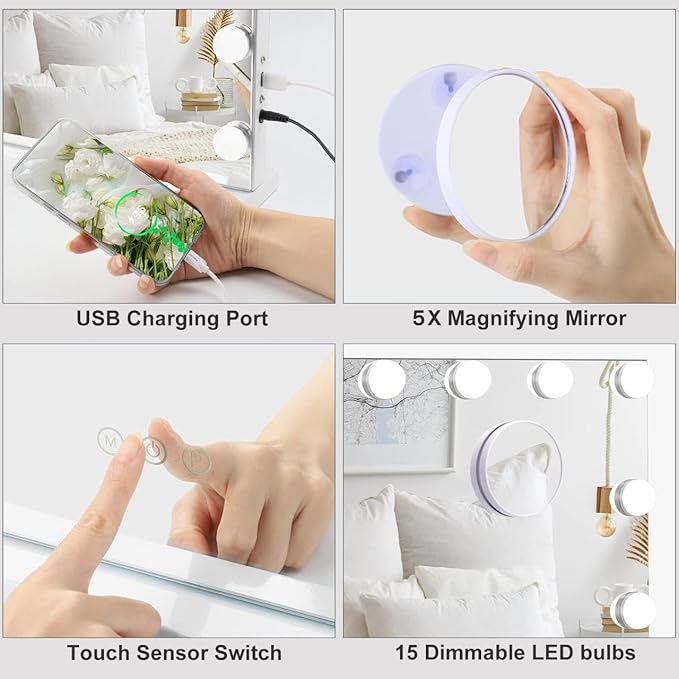 HIEEY Vanity Mirror with Lights, Hollywood Lighted Mirror with 15 Dimmable LED Bulbs, Makeup Mirror with Lights, and 5X Magnification Mirror, 3 Colors Modes,Touch Control, Metal Frame,White