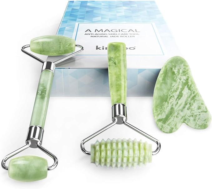 kimkoo Jade Roller and Gua Sha for Face-3 in 1 Kit with Facial Massager Tool,100% Real Natural Jade Stone Anti Aging,Face Beauty Set for Eye Anti-Wrinkle