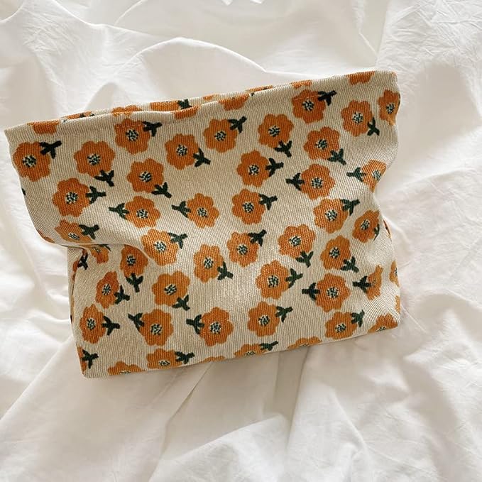 PAZIMIIK Makeup Bag Large Zipper Corduroy Make Up Pouch for Purse Travel Canvas Cosmetic Organizer for Women Brush Storage,Flower Yellow