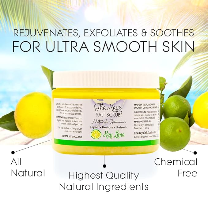 The Keys Salt Scrub -Sea Salt Scrub - Exfoliating Body Scrub with Wooden Spoon - Moisturizing Exfoliator for Hands, Foot, Bath, (12 Ounce (Pack of 12), Key Lime)