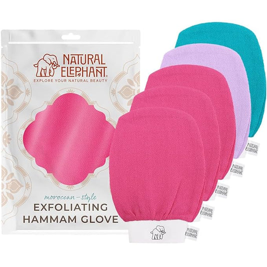 Natural Elephant Exfoliating Hammam Glove - Face and Body Exfoliator Mitt 5 and 10 Packs (3 Pink, 1 Lilac, 1 Teal (Pack of 5))