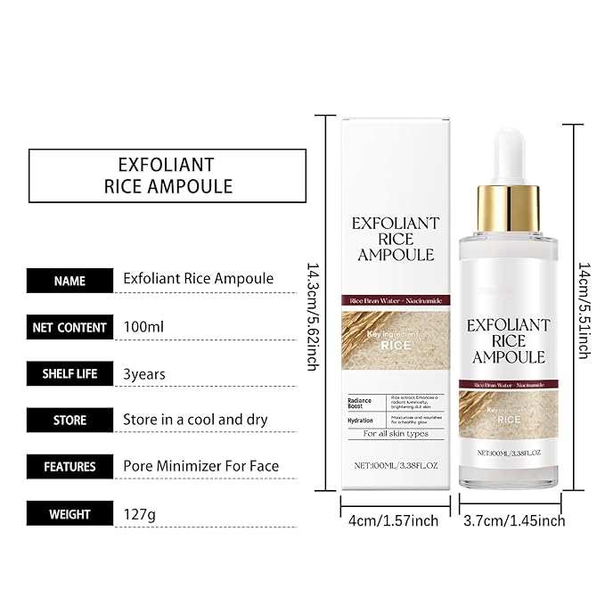 Rice Water Duo Exfoliating & Brightening Ampoules -2x100ml Gentle Facial Peel for Smooth SkinTextureDaily Exfoliator with RiceBran Extract FDA-Certified SkinRenewal Booster for All Skin Types