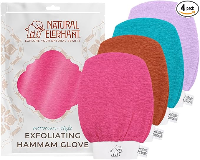 Natural Elephant Exfoliating Kessa Glove - Face and Body Exfoliator Hammam Mitt (Pink, Lilac, Teal and Orange (Pack of 4))