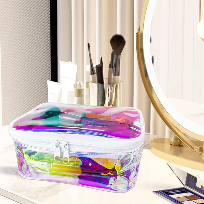 Holographic Makeup Bags Bulk,Clear Storage Bag Toiletry Pocket Portable Zippered Iridescent Pouch Waterproof Cosmetic Gift Bags for Women (Holographic Pink(White Frame))
