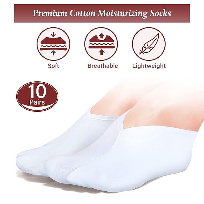 Geyoga 10 Pairs Moisturizing Socks Overnight for Dry Feet Spa Cotton Moisture Enhancing Cosmetic Socks for Women and Men, White