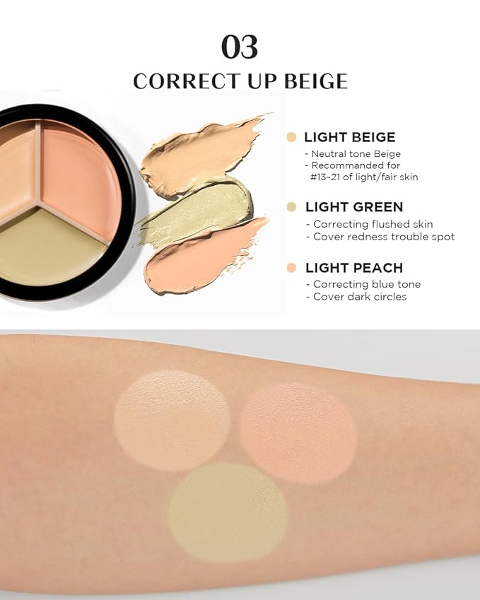 THESAEM Cover Perfection Triple Pot Concealer 03 Correct Up Beige - for Fair to Light Skin Tone - 3 Color Full Coverage Concealer - Covers Blemishes Spots, Dark Circles, Redness Skin