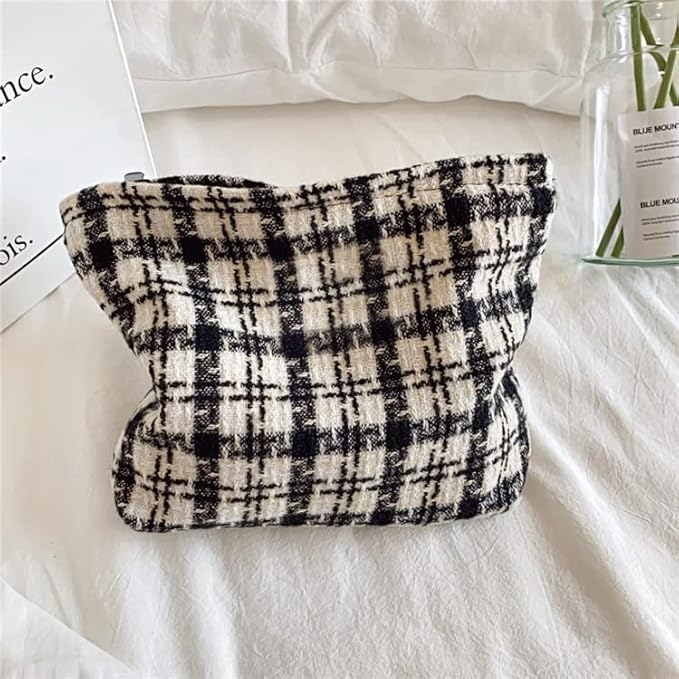 Makeup Bags for Purse Zipper Cosmetic Pouch Large Travel Canvas Make Up Organizer Tool Pouch for Women and Girls,Plaid Black