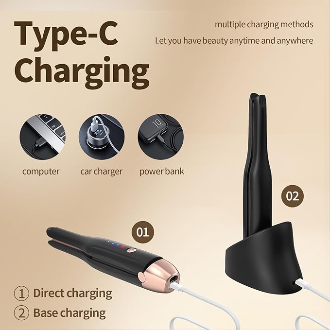 Mini Cordless Hair Straightener Portable Straight Curl Dual Purpose Hair Straightening Irons Fast Heating Hair Care with 3 Temperature Settings and Auto Shut-Off Hair Styling Tools for Women (Black)