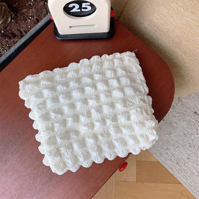 PAZIMIIK Floral Makeup Bag Large Cotton Zipper Pouch for Purse Travel Canvas Make Up Organizer for Women Cosmetic,Bubble Beige