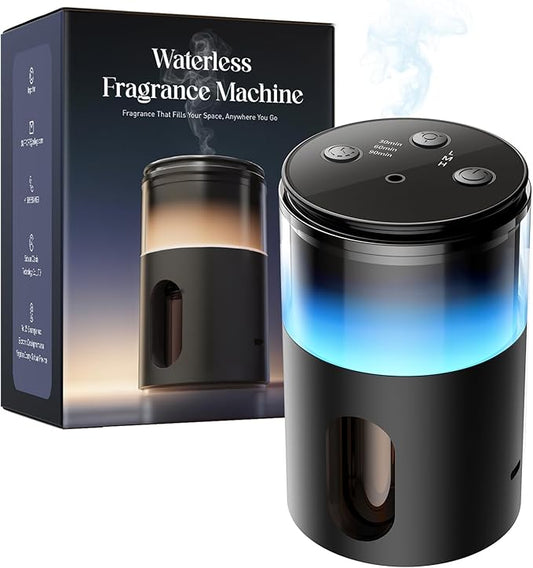 Waterless Essential Oil Diffuser: Battery Mini Scent Diffusers for Home&Car with 8 Color LED Night Light — Cool Mist Aroma Machine Deep Black