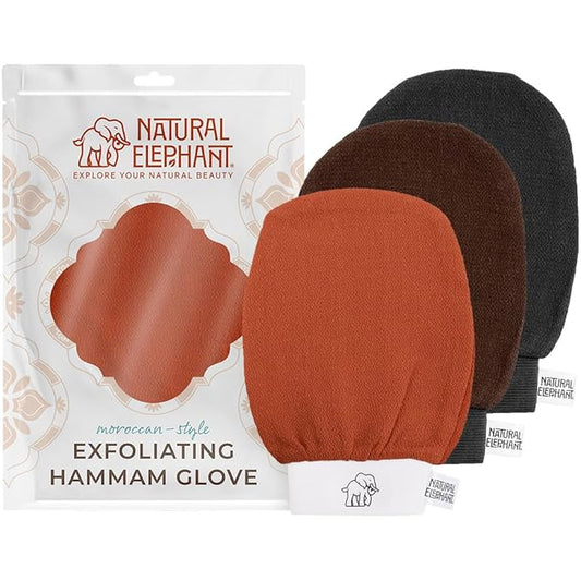 Natural Elephant Exfoliating Hammam Glove - Face and Body Exfoliator Mitt (Black, Brown and Orange (Pack of 3))