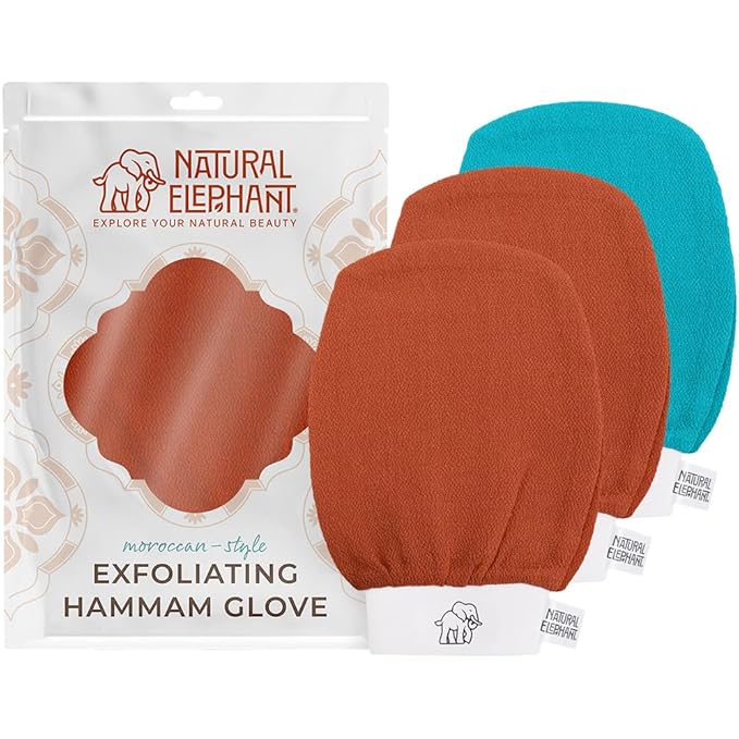 Natural Elephant Exfoliating Hammam Glove (2 Orange and 1 Teal (Pack of 3))