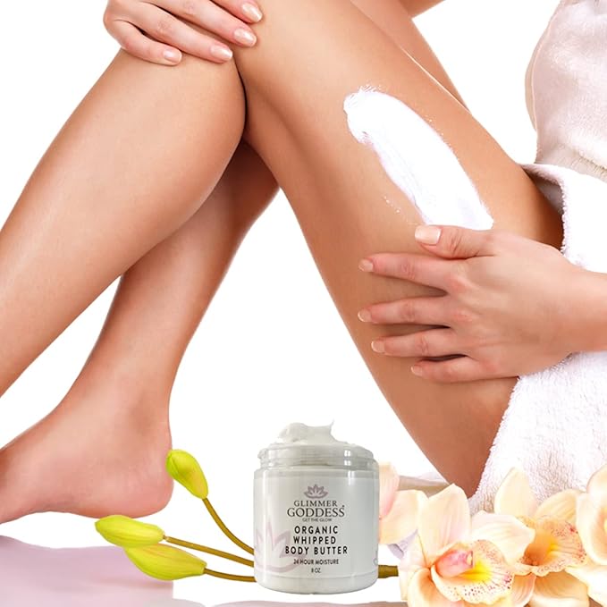Glimmer Goddess Organic Whipped Body Butter for Women - Moisturizer Cream with Shea & Cocoa Butter, Almonds & Coconut Oil - Honeysuckle, 8oz