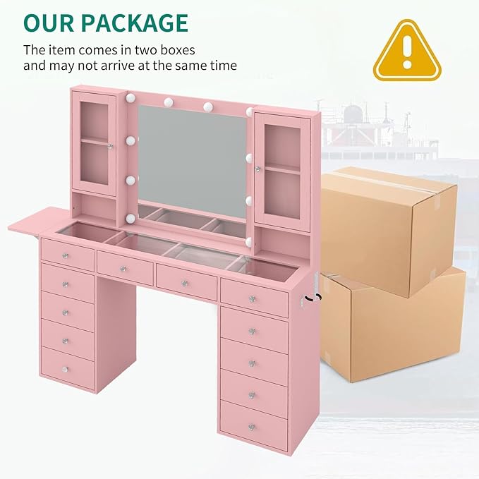 Vanity with Mirror and 10 LED Lights,Vanity Desk with Power Outlet, Makeup Vanity with 12 Drawers and 2 Cabinets, Fold-up Panel, Glass Top Vanity Table with Chair for Bedroom, Pink