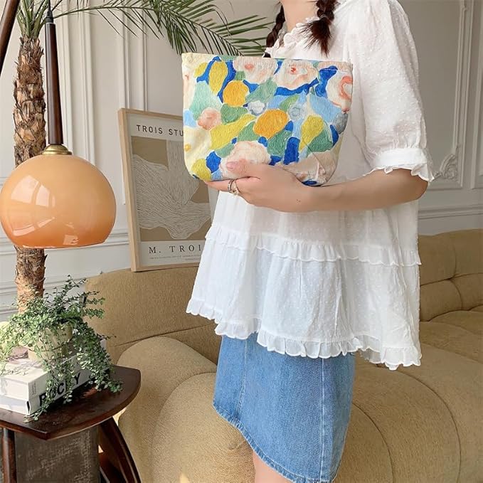 PAZIMIIK Floral Makeup Bag Large Cotton Zipper Pouch for Purse Travel Canvas Make Up Organizer for Women Cosmetic,Garden Blue