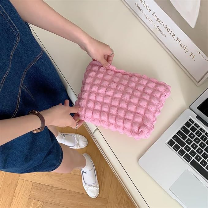 Floral Makeup Bag Large Cotton Zipper Pouch for Purse Travel Canvas Make Up Organizer for Women Cosmetic,Bubble Watermelon Pink