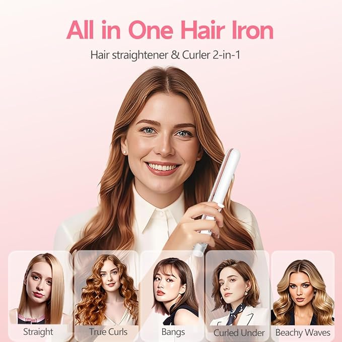 Cordless Hair Straightener and Curler 2 in 1, Fast Heating Ceramic Flat Iron,Rechargeable Portable Hair Straightening Iron for Women, Travel Hair Styler