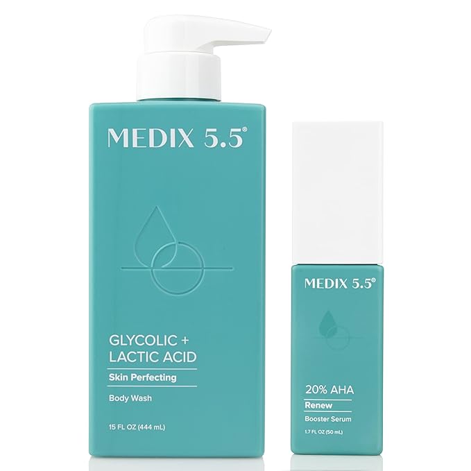 Medix 5.5 20% Glycolic Acid Booster + Exfoliating Body Wash Cleanser Skin Care 2 Piece Set | AHA Exfoliant Cleanser+ Body Serum Both Refine+ Soften Dead Dry Skin, Bumps, Wrinkles & Fine Lines, Bundle
