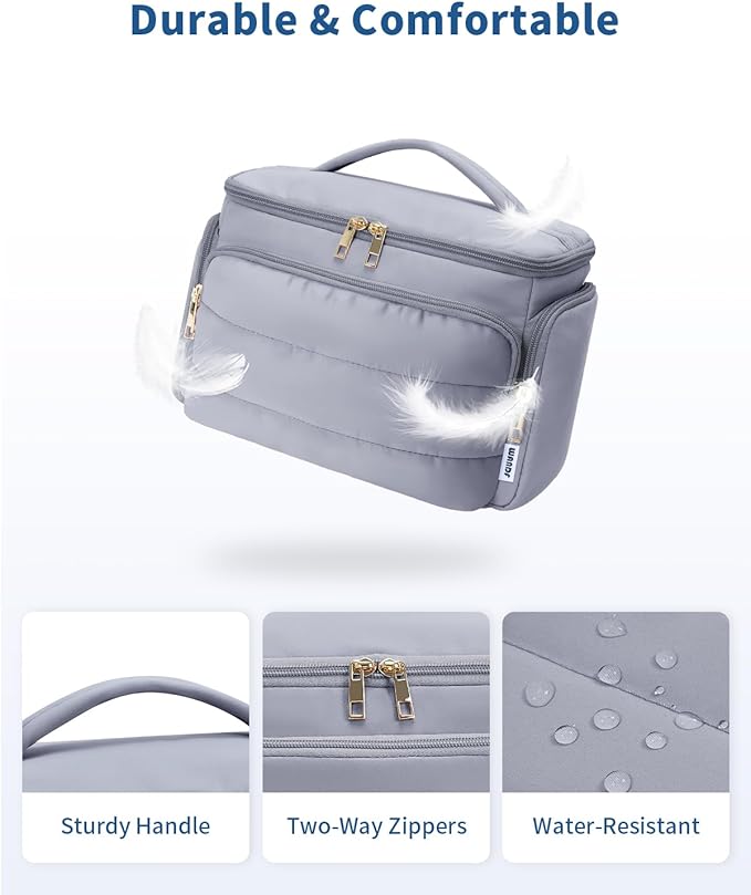 WANDF Travel Toiletry Bag for Women, Wide-open Large Makeup Bag with Handle, Puffy Makeup Organizer for Toiletries, Cosmetics, Accessories, Essentials (Slate Blue)