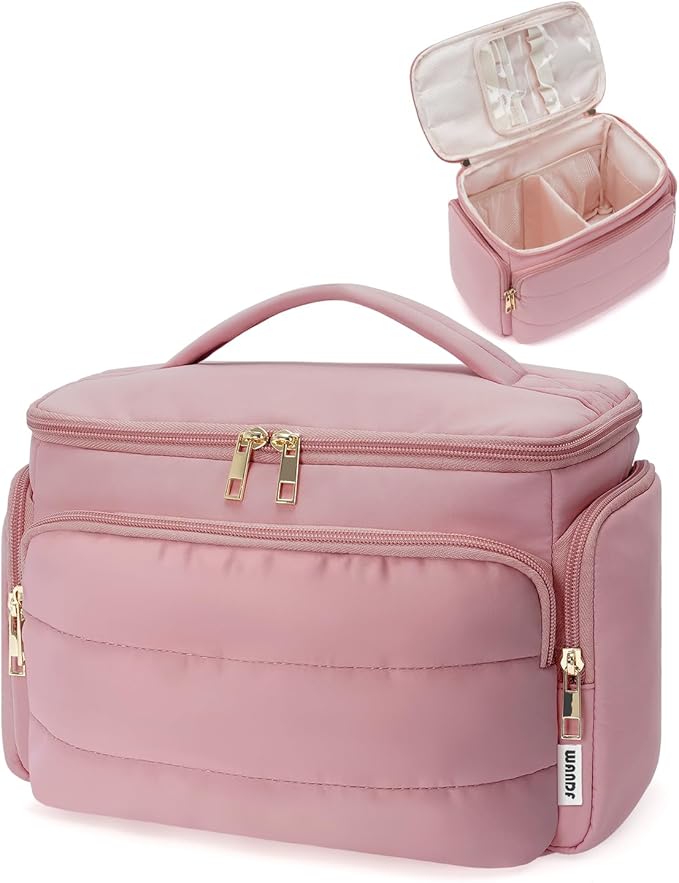 WANDF Travel Toiletry Bag for Women, Wide-open Large Makeup Bag with Handle, Puffy Makeup Organizer for Toiletries, Cosmetics, Accessories, Essentials (Dusty Pink)