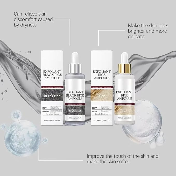 Rice Water Duo Exfoliating & Brightening Ampoules -2x100ml Gentle Facial Peel for Smooth SkinTextureDaily Exfoliator with RiceBran Extract FDA-Certified SkinRenewal Booster for All Skin Types