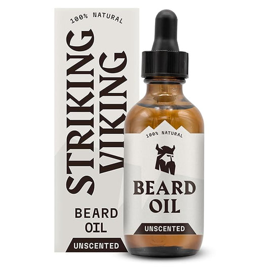 Striking Viking Unscented Beard Oil for Men - 2 Fl Oz, Fragrance-Free - Clear Beard & Mustache Conditioner with Jojoba & Argan Blend, Almond & Tea Tree Oils for Growth & Sensitive Skin
