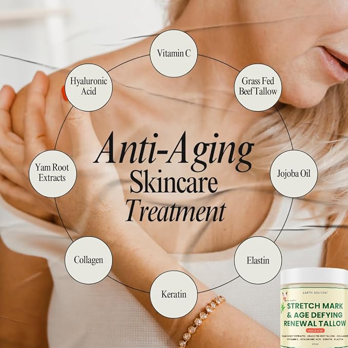 Stretch Mark & Age Defying Renewal Tallow – Yam Root, Coll-agen, Biotin, Vitamin C, Dead Sea Minerals, Hyaluronic Acid, Keratin & Elastin (8 fl oz, Vanilla)