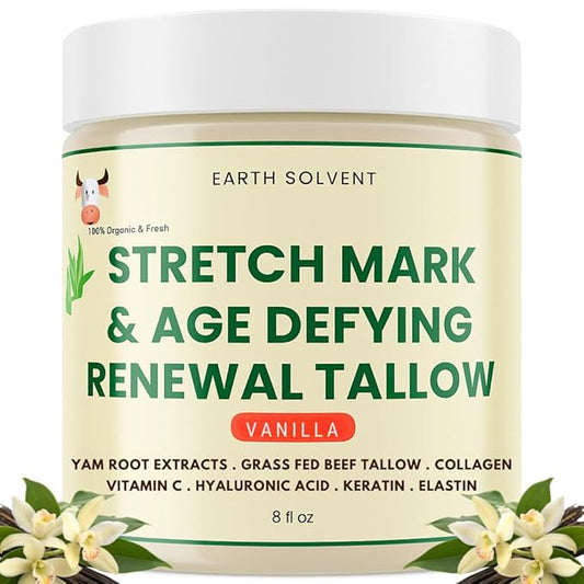 Stretch Mark & Age Defying Renewal Tallow – Yam Root, Coll-agen, Biotin, Vitamin C, Dead Sea Minerals, Hyaluronic Acid, Keratin & Elastin (8 fl oz, Vanilla)