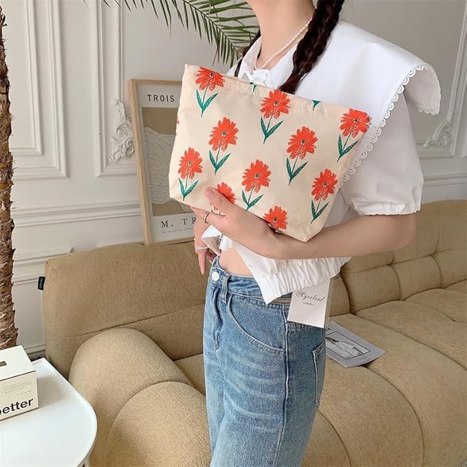 PAZIMIIK Floral Makeup Bag Large Cotton Zipper Pouch for Purse Travel Canvas Make Up Organizer for Women Cosmetic,Small Flower