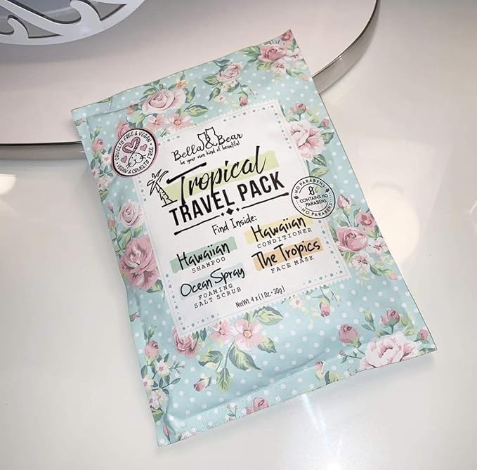 Bella & Bear Tropical Travel Pack, Self Care Kit, Includes Cruelty Free Shampoo, Conditioner, Body Scrub, Face Mask,1oz, Pack of 4
